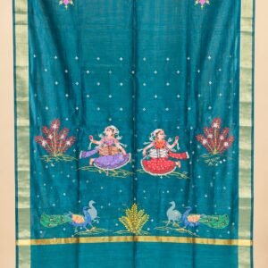 Chanderi silk Dupatta- Peacock Blue with Traditional Hand -painted Art