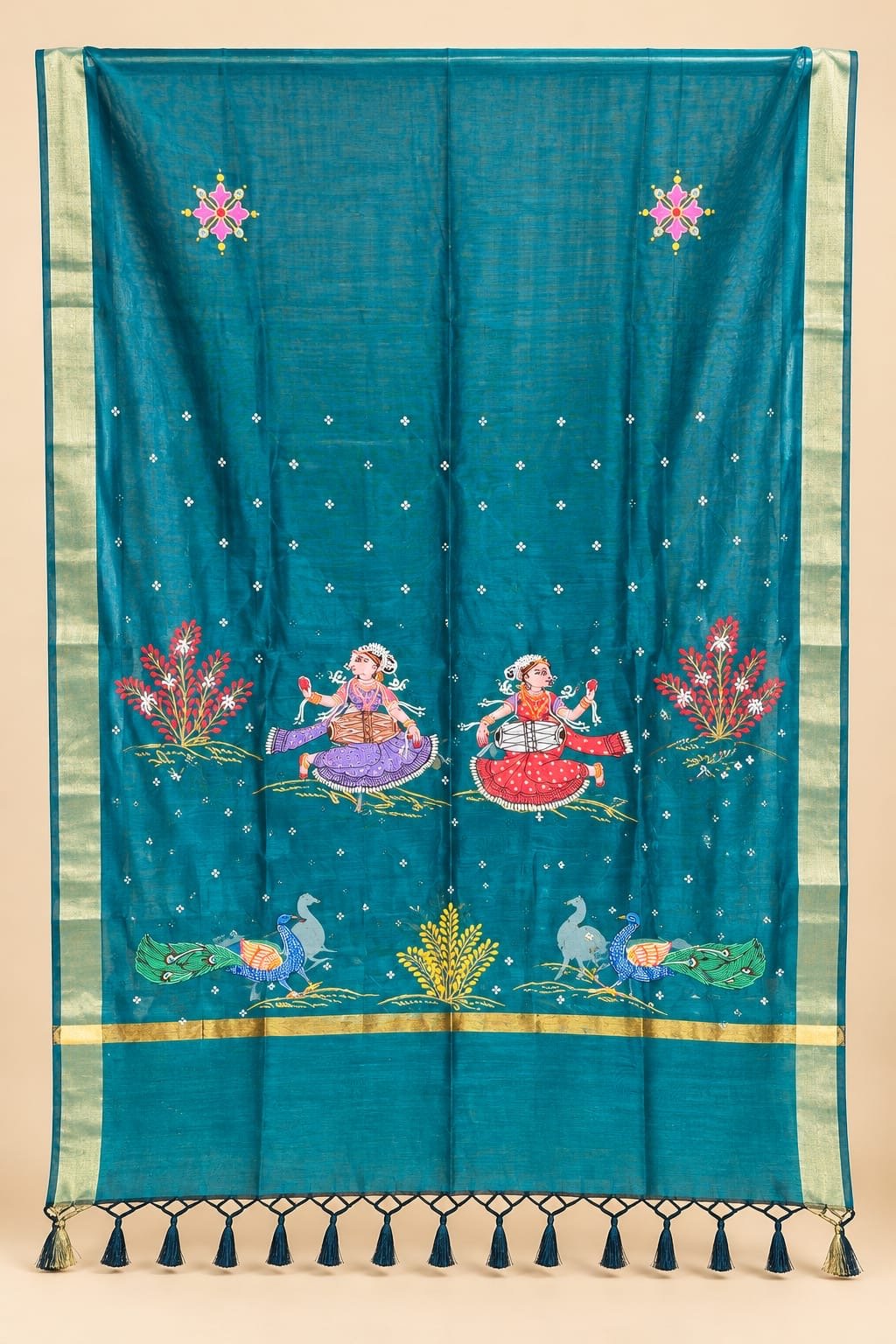 Chanderi silk Dupatta- Peacock Blue with Traditional Hand -painted Art